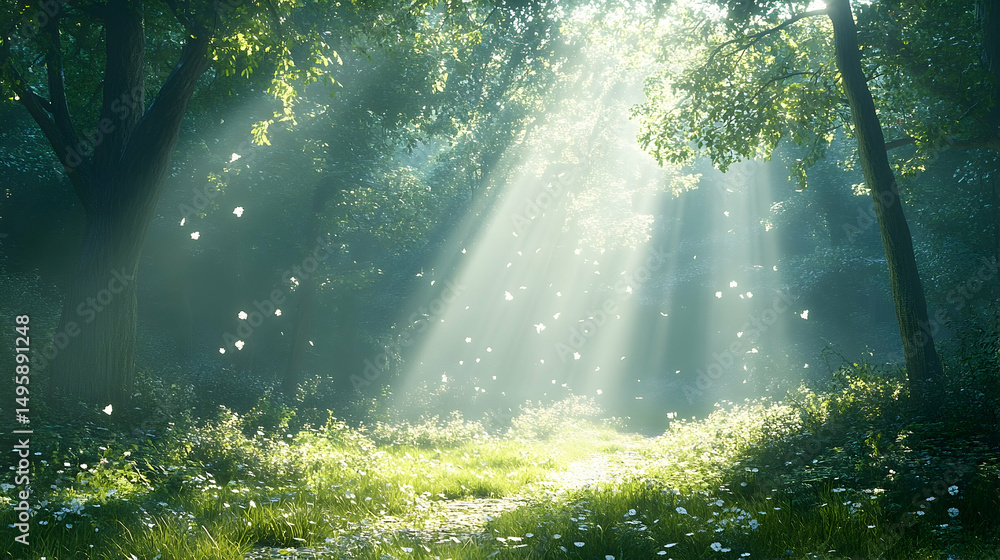 Poster sunlight streams through a tranquil forest.