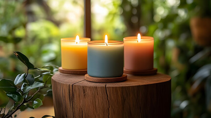 Three decorative candles of various colors on a wooden stump.