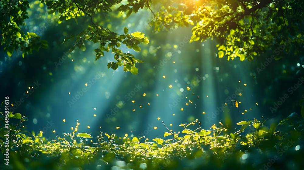 Poster sunlight streams through a lush forest canopy.