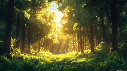 Obraz premium Sunbeams illuminating a lush forest path.