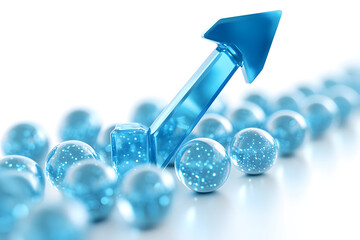 Abstract bar chart with blue upward arrow and floating digital spheres on white background, symbolizing business growth and financial success. Ai generative
