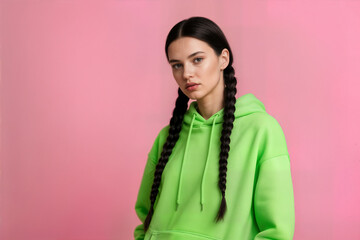 portrait of a young woman long dark hair styled in two braids against a solid pink background concept retrato de una mujer joven pelo largo oscuro peinado en dos trenzas contra un concepto de fondo