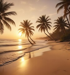 Fototapeta premium Golden hour light bathes a sandy beach, palm silhouettes against a faded sky, film flare , ocean view, film