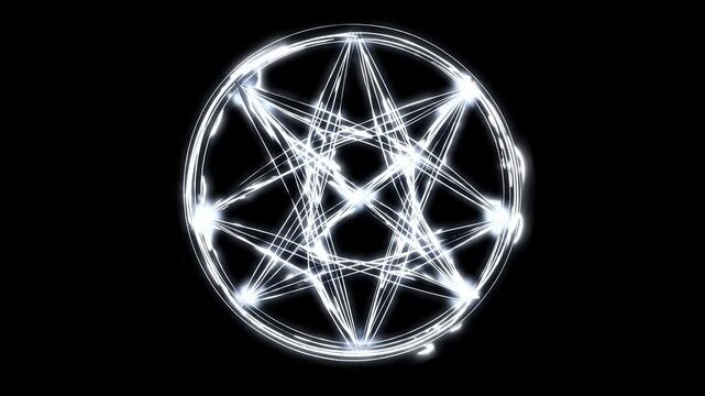 Abstract white pentagram frame, star Portal with glowing white energy lines and lightning isolated on black background, transparent chroma key alpha matte overlay VFX.  Satanism symbol