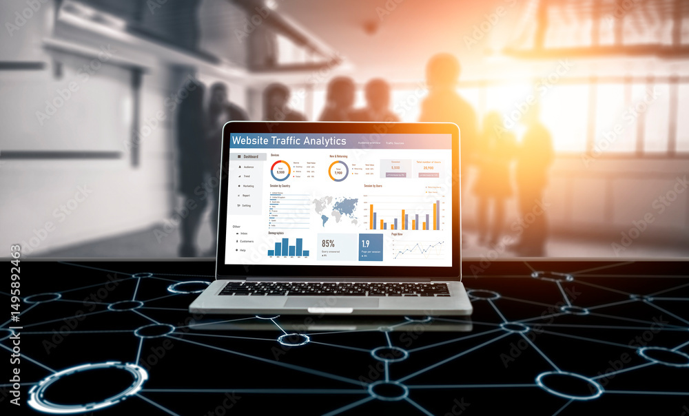 Poster computer software for website traffic analytics data on computer screen. concept of seo search engin