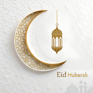Golden lantern and crescent moon with arabic eid mubarak text on white background minimal festive layout