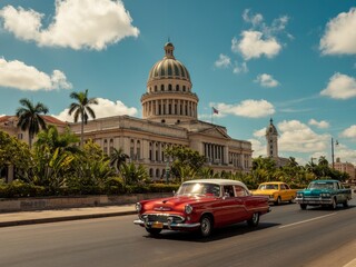Classic cars cruise past stunning architecture in Havana under a vibrant blue sky
