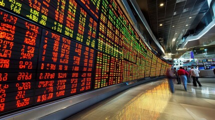 Large stock exchange display showing financial data with blurred people walking in foreground