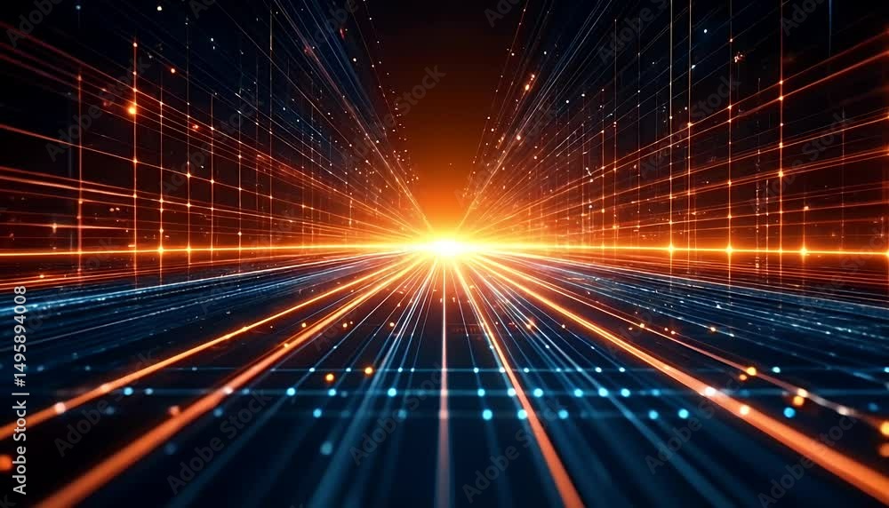 Poster futuristic digital light rays and glowing orange and blue lines converging to bright center and hori