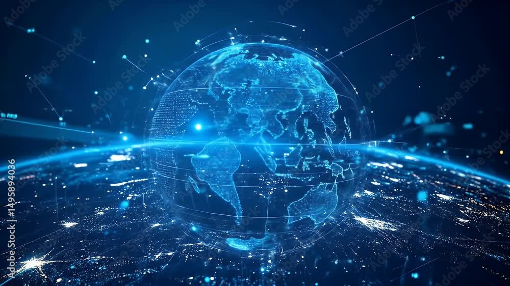 Poster Digital globe technology with glowing blue network and earth map, futuristic global connection data visualization in digital world