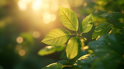 Sunlight filtering through vibrant green leaves.