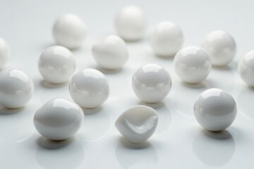 Close-up of smooth white marbles, scattered on a surface , marbles, round, many