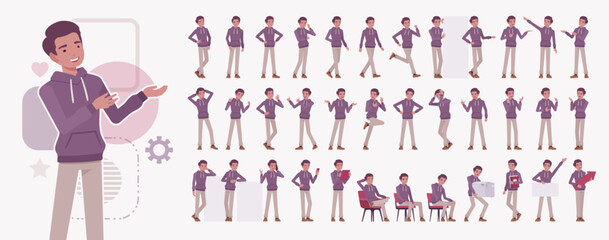 Young dark skin guy wearing purple hoodie character set sporty casual streetwear for daily leisure activities poses bundle. Everyday office work, party vacation and street fashion. Vector illustration