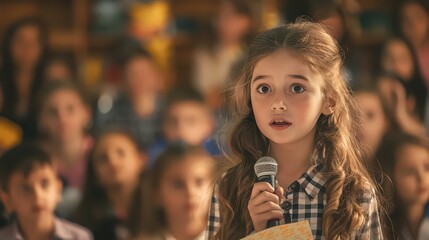 Fototapeta premium A young girl with a microphone speaking in front of a crowd of people in a school auditorium