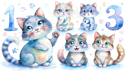Adorable Watercolor Kittens with Numbers One Two and Three