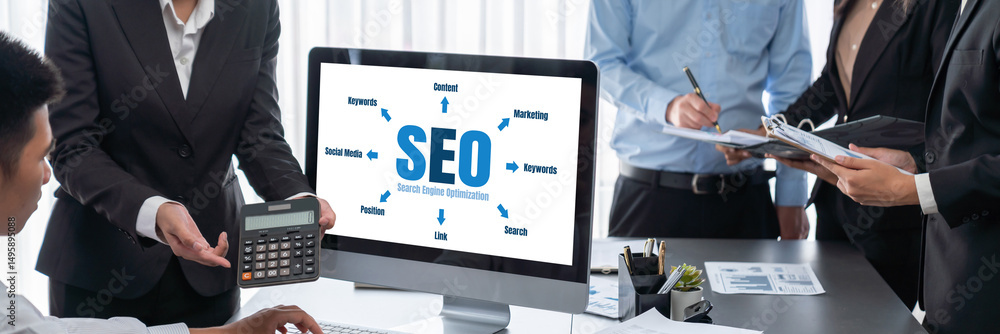 Poster seo search engine optimization for brisk e-commerce and online retail business showing on computer s