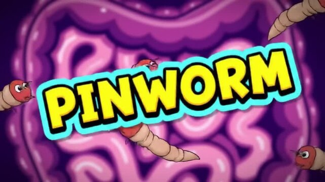 Bold Playful &ldquo;PINWORM&rdquo; Text with Blurred Intestines and Worm Illustrations &ndash; Parasitic Digestive Infection Visual

