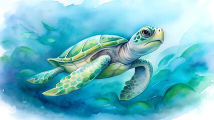 Green Sea Turtle Swimming in Vibrant Turquoise Ocean Watercolor Painting