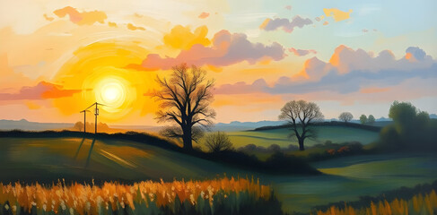 sunset countryside oil painting, rural sunset art, countryside evening painting, golden hour landscape, oil painting sunset field, rustic sunset scene, farmland at sunset painting, countryside horizon