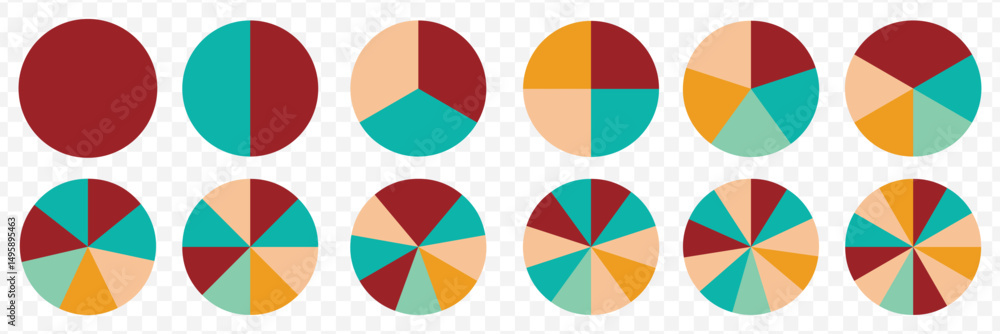Poster pie chart color icons. segment slice sign. circle section graph. 1,2,3,4,5 segment infographic. whee