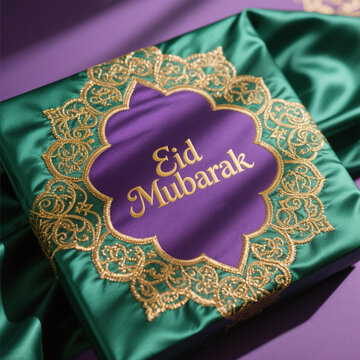 Golden lantern and crescent moon with arabic eid mubarak text on white background minimal festive layout