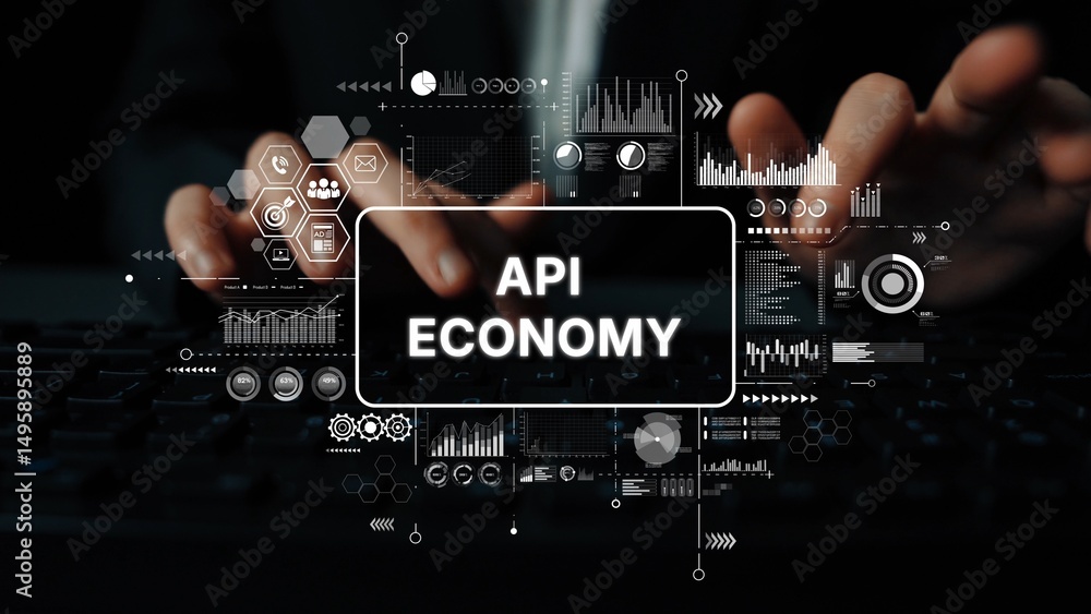 Poster Modern Business Concept of API Economy with Data Visualization and Technology Graphs in Background. Asymptotic smart data analytic.