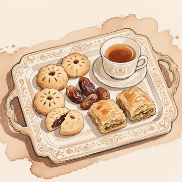 Flat lay eid sweets tea and dates with golden lantern traditional muslim food for eid celebration