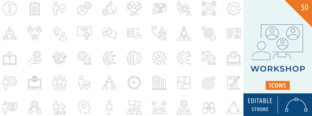 Workshop icon collection set. Containing collaboration, training, coaching, presentation, and more. Editable stroke.