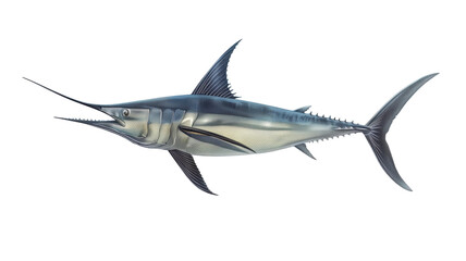 Obraz premium Realistic illustration of a marlin swimming gracefully in clear ocean waters, showcasing its vibrant colors and sleek body