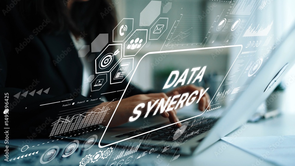 Poster business professional interacts with digital data concepts and synergy in modern office environment.