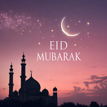 Eid al Adha mosque silhouette glowing sunset with crescent moon spiritual islamic art design holy