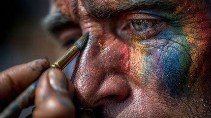 Close-up of hands painting a rainbow on someone's cheek during Pride festival 