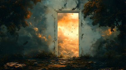 Fototapeta premium An old door opens to a vibrant sky.