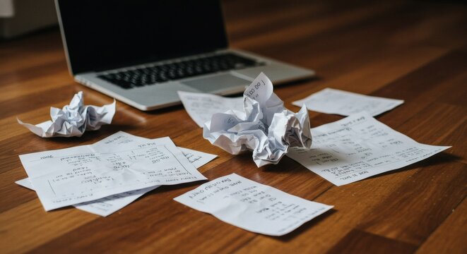 Scattered Crumpled Paper and Laptop on Wooden Floor Shows Frustration - Powered by Adobe