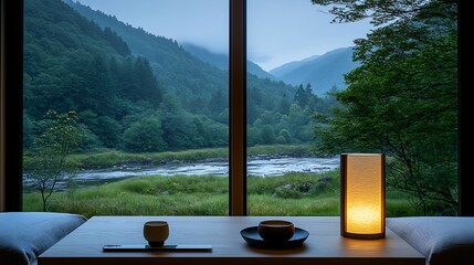 Tranquil mountain valley view from a minimalist room