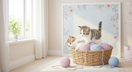 Two kittens playing in a basket filled with yarn balls in a bright room with a floral painting