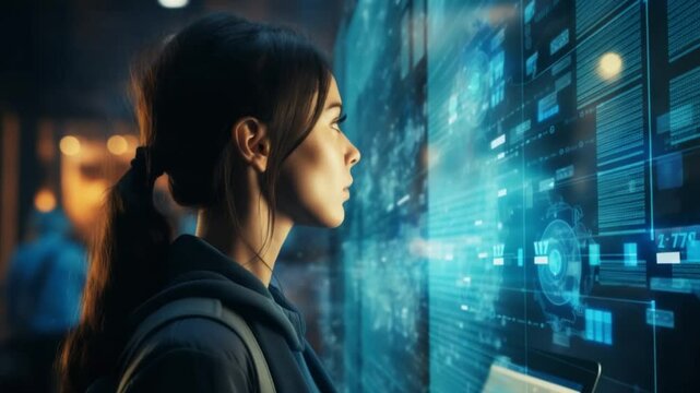 A young woman stands captivated by an interactive digital display, her gaze fixated on the vibrant blue graphics illuminating the night. The city buzzes around her, showcasing technological marvels