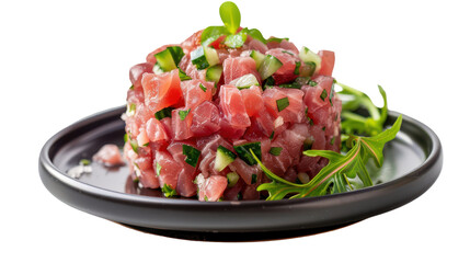 Fresh tuna tartare served on a black plate with herbs and vegetables, vibrant colors