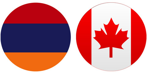 Canada Official flag with Armenia national flag, both countries flags are in Round shape and isolated on white background, Circular colorful design Flag with together.