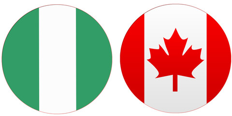 Canada Official flag with Nigeria national flag, both countries flags are in Round shape and isolated on white background, Circular colorful design Flag with together.