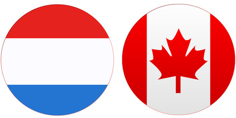Canada Official flag with Luxembourg national flag, both countries flags are in Round shape and isolated on white background, Circular colorful design Flag with together.