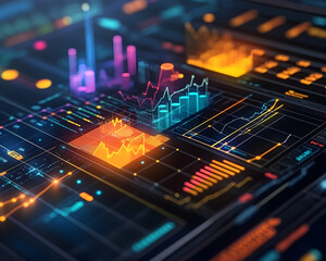 Colorful digital dashboard with multiple charts and graphs.