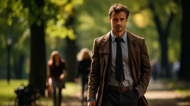 A dapper gentleman walks confidently along a tree-lined path, exuding charm and elegance. Nearby, two women engage in light conversation, embodying the tranquil vibes of the sunny day