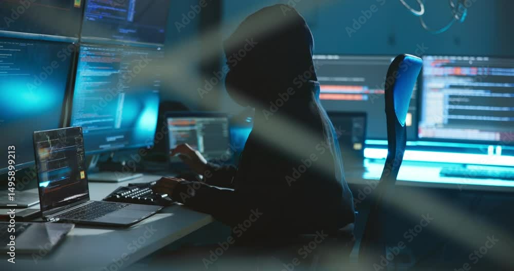 Poster Computer, hacking and person with coding at night in control center for password phishing. Ransomware, technology and programmer on website server for crime with database cyber attack for encryption.