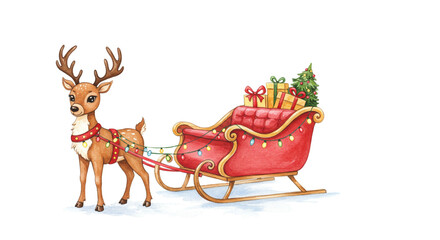 Fototapeta premium A watercolor illustration of a reindeer pulling a red christmas sleigh filled with presents and a tree