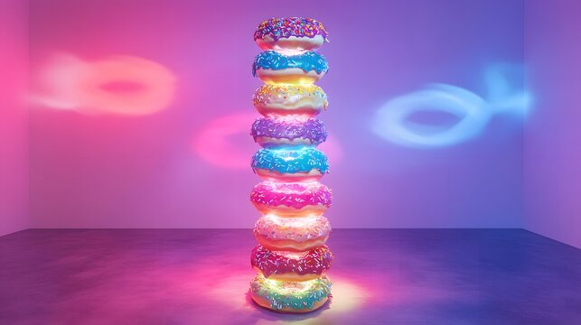 Colorful donut tower sculpture illuminated in a gallery setting.