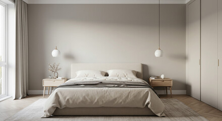 A serene bedroom featuring a neatly made bed with bedside tables and minimalist pendant lights hanging above