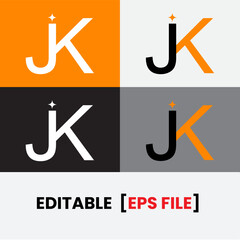 Editable JK letter logo design with star icon &ndash; modern monogram in 4 stylish vector variations.

