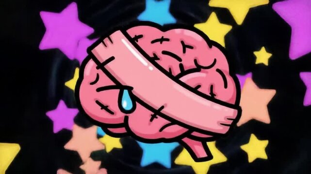 Cartoon Headache Animation with Bandaged Brain and Spinning Stars &ndash; Fun Visual for Pain, Stress, and Brain Health

