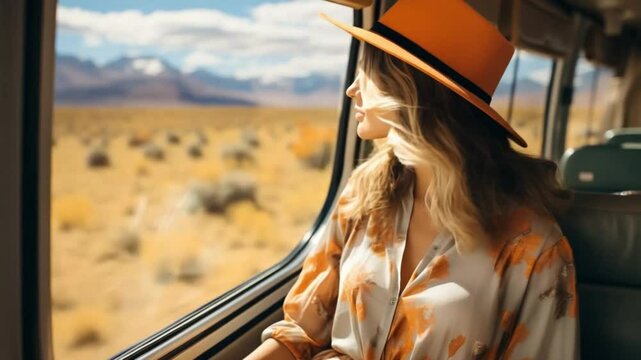 A young woman enjoys a tranquil train journey while admiring vibrant landscapes. Her stylish attire and wide-brimmed hat complement the breathtaking views of golden fields